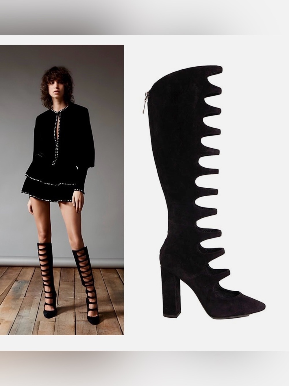 Saint Laurent Black Suede Over-the-Knee Ladder Cutout Boots, US7,5